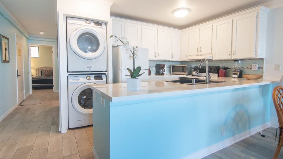 Fully equipped kitchen, beautiful white quartz countertops, in-unit washer and dryer