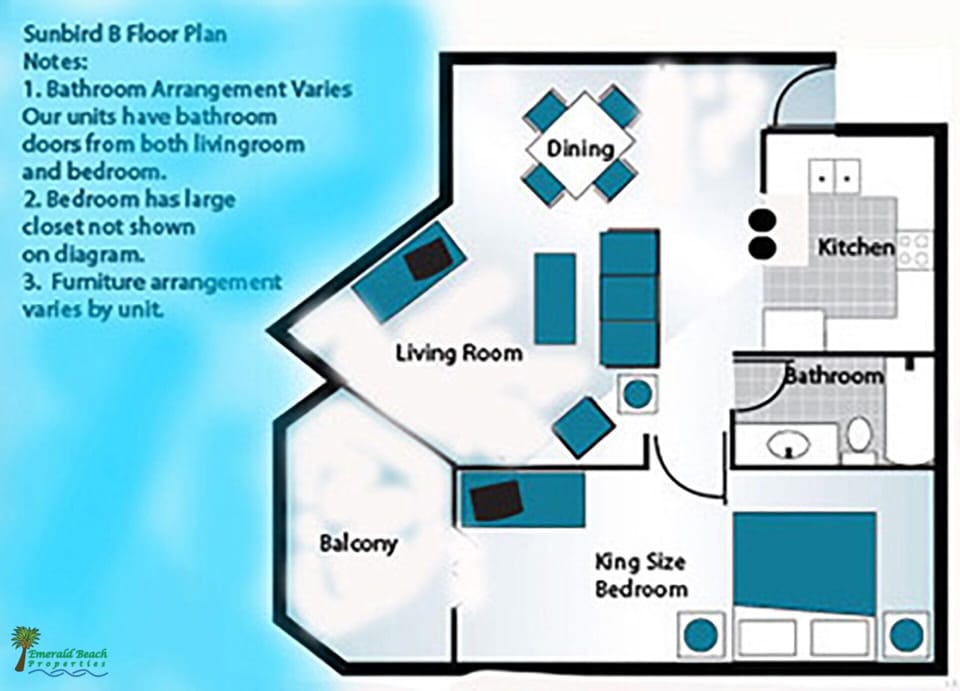 Sample floor plan of this spacious "B" unit.  It's the most popular floor plan in Sunbird with a King bedroom on the beach!!