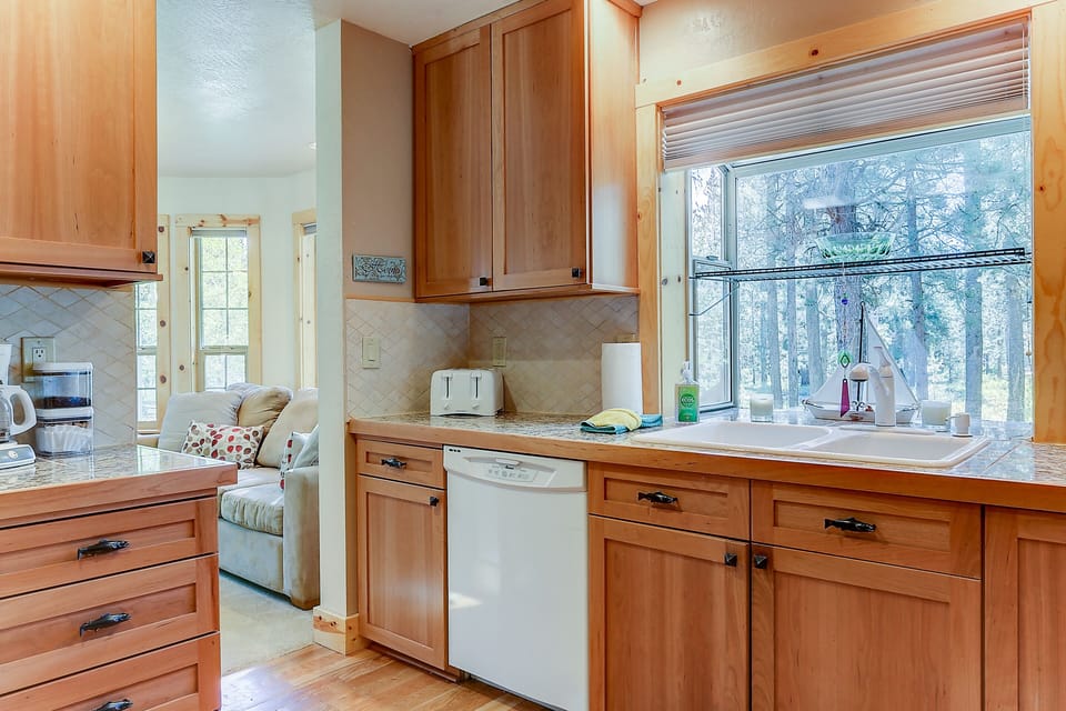 Kitchen with family room beyond