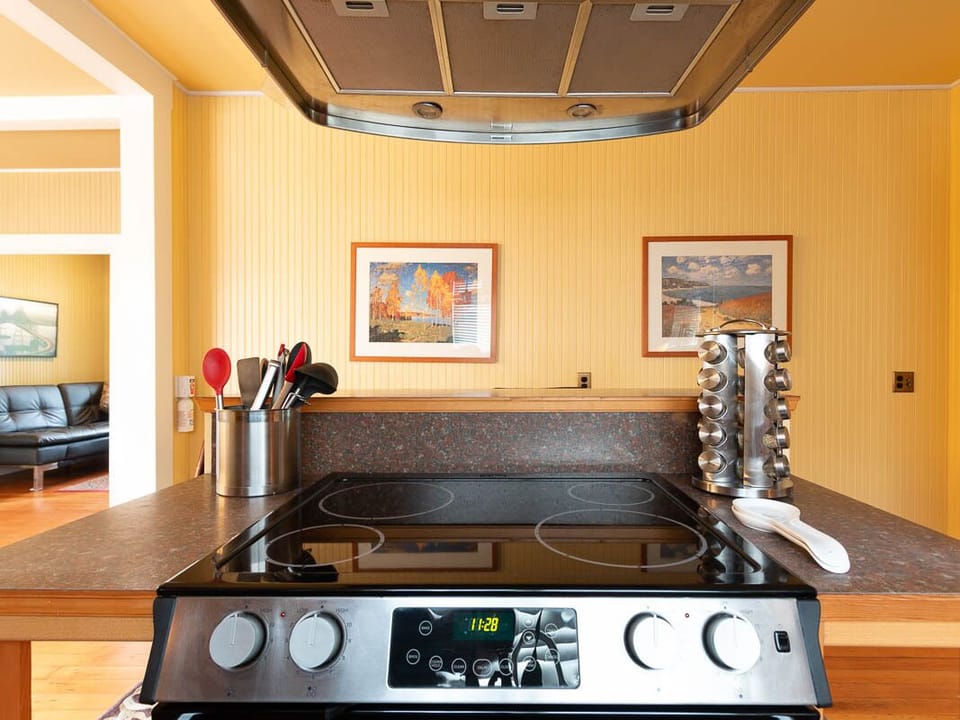 You will enjoy cooking in the Main House on this flat top stove!