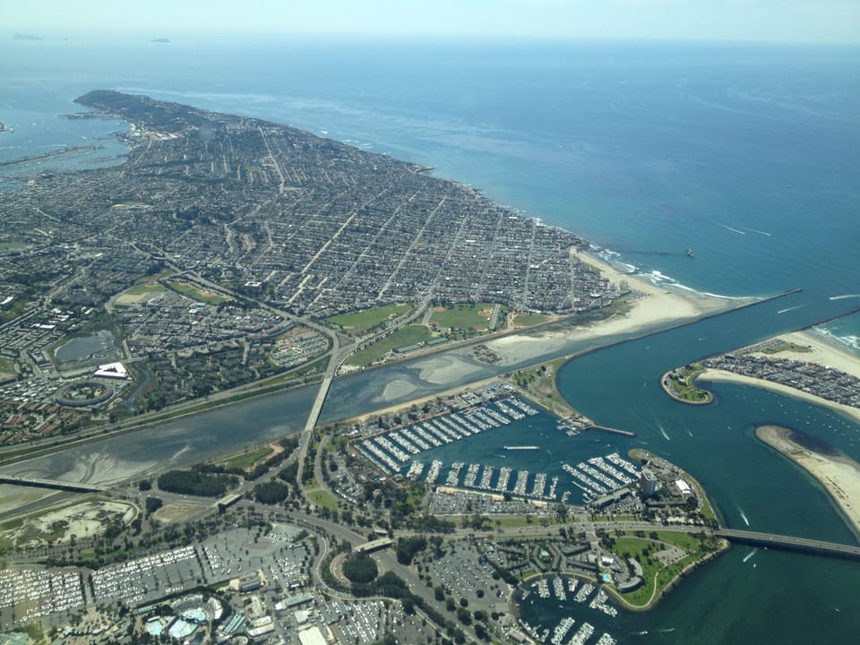 Aerial view of Ocean Beach, Point Loma Peninsula, & SeaWorld.