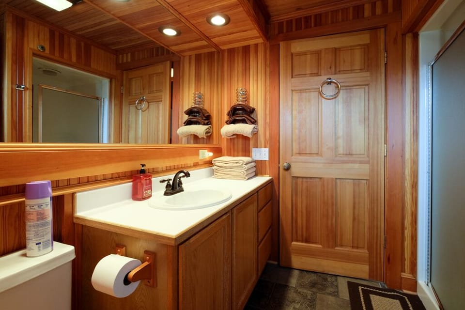 Main Level Shower bathroom and shower - Main level bathroom also has a laundry area with washer n dryer.