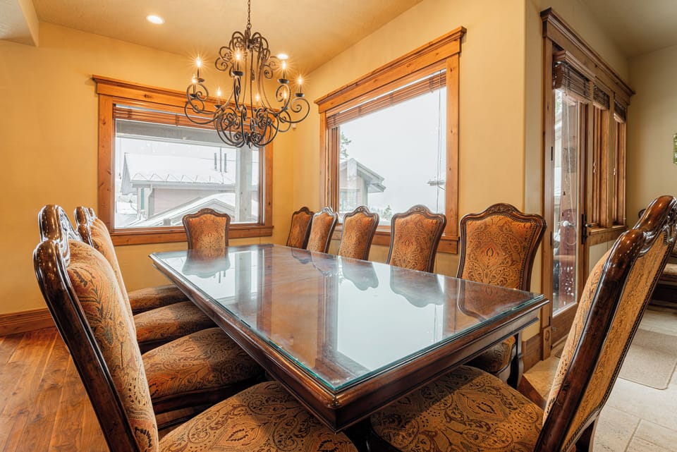 Large wood dining table with seating for 12