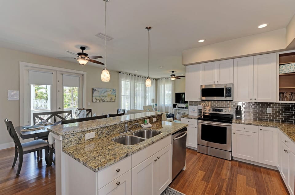 View from kitchen to living and dining room