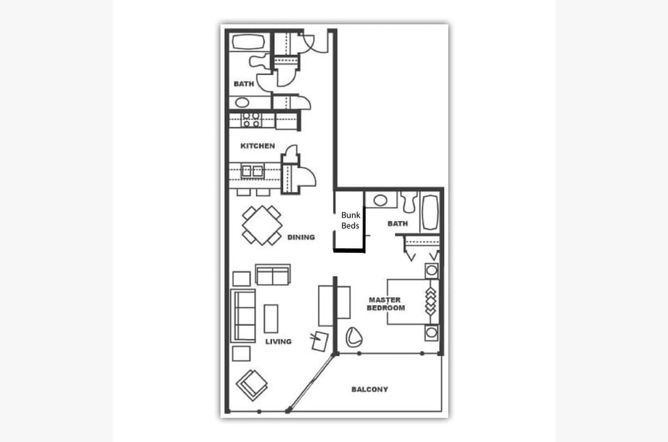 Example floor plan.  Please see photos and description for actual property furnishings.