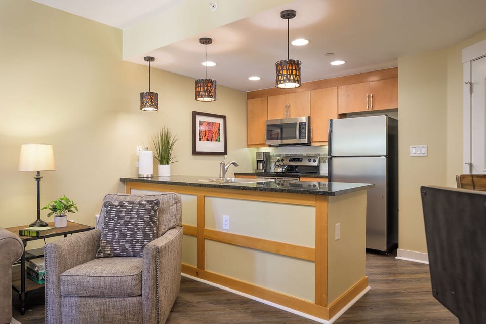 Living area flows into the kitchen