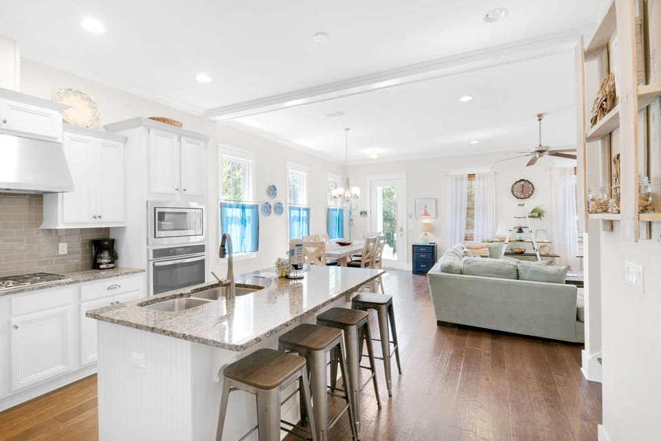 Open Kitchen has an Island that seats 4