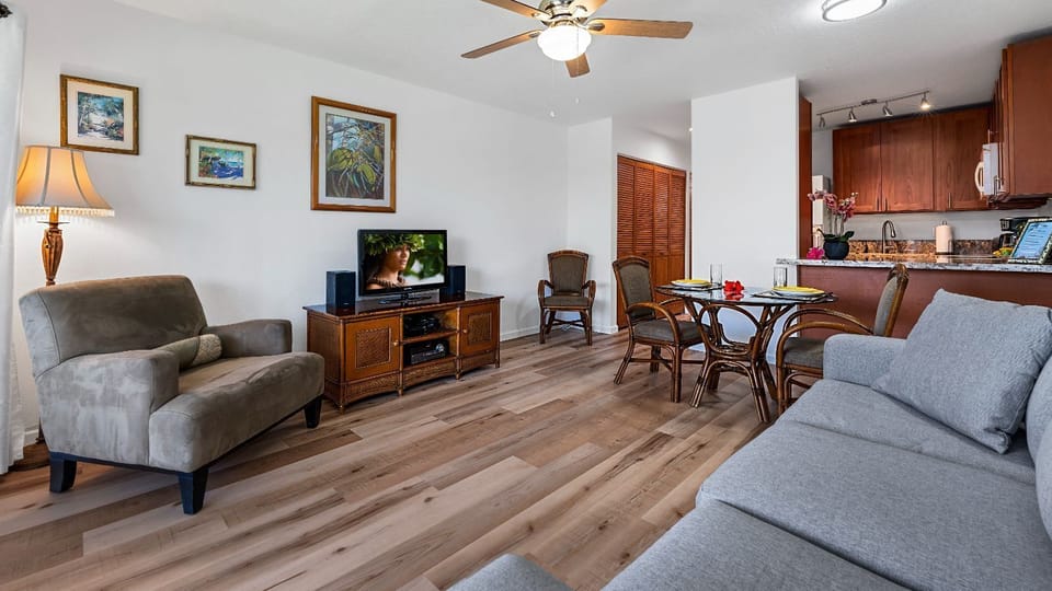 Living area next to dining table
