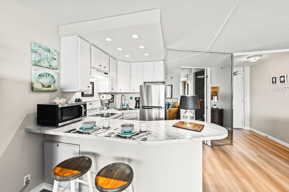 All-white kitchen, sleek design