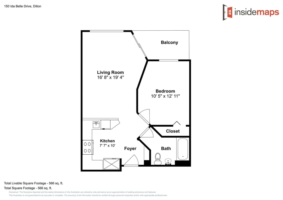 Review the thoughtful layout of this one-bedroom apartment featuring a spacious living room, modern kitchen, and private balcony.