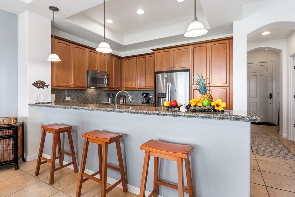 Breakfast Bar with Seating for Three, Refrigerator, and Microwave