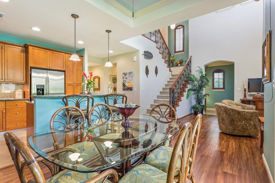 Dining Table, Chairs, Breakfast Bar, Stairway, and Sofas