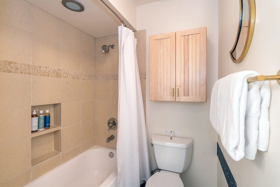 Shower/tub combo. Shampoo, conditioner, body wash provided.