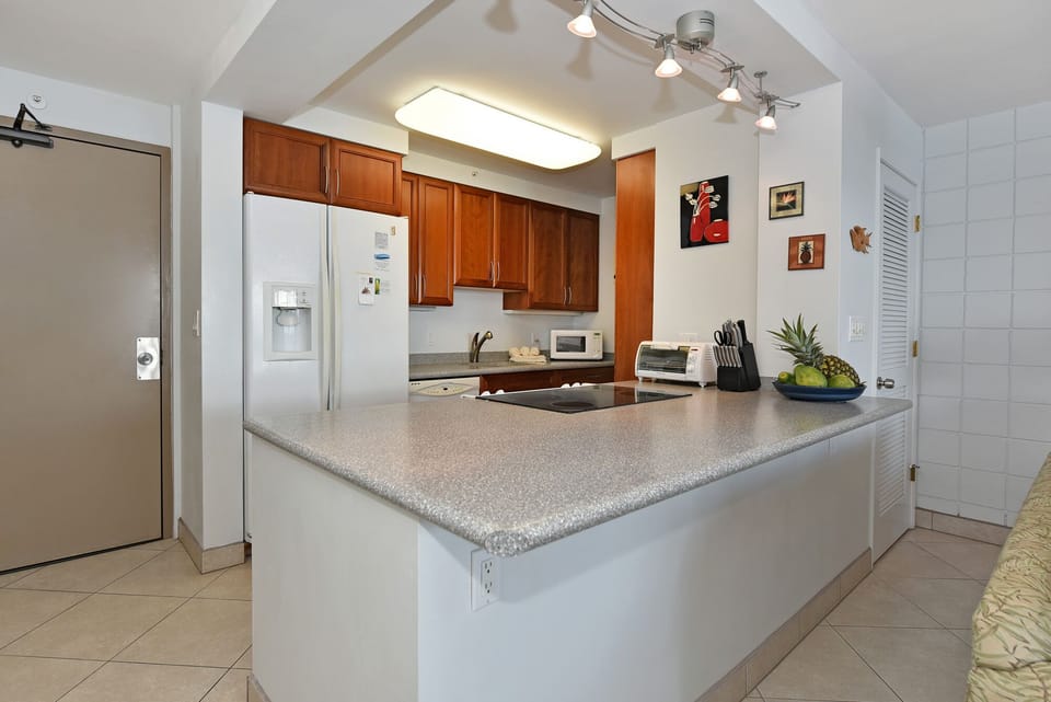 Corrian counters in the open fully equipped kitchen