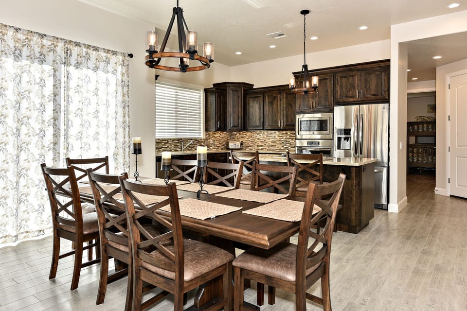 Dining Table - The beautiful wood dining room set can comfortably seat 8 people.
