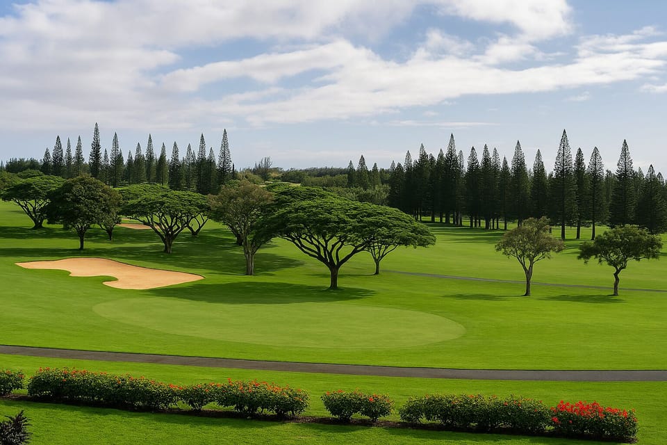 Meticulously maintained golf course featuring manicured fairways, strategic sand bunkers, and mature trees framing pristine greens beneath expansive skies.