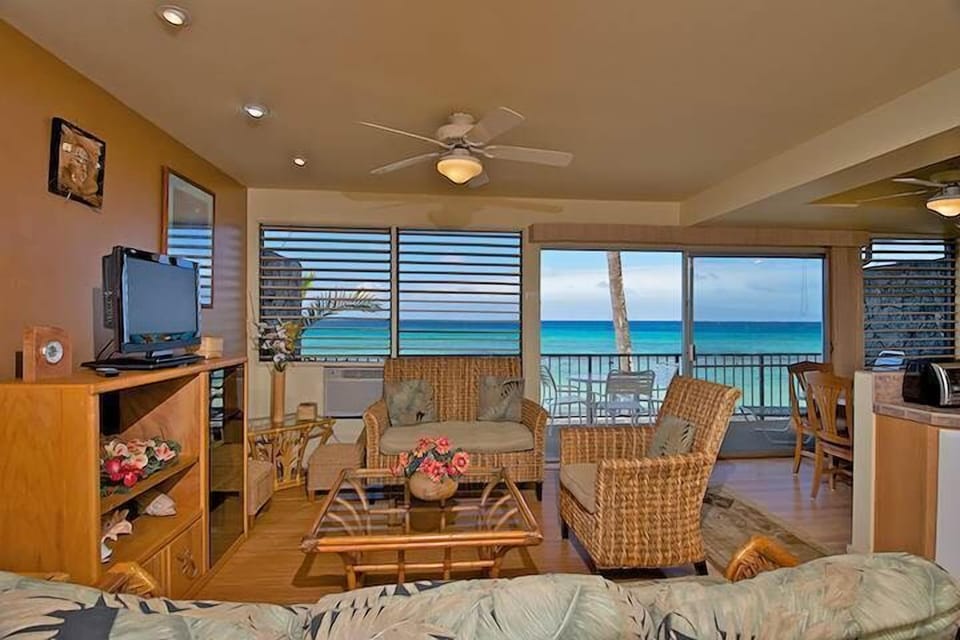 Wonderful ocean front views from kitchen and living room areas.