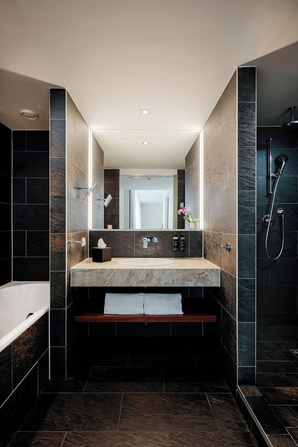 Rainfall showerhead, eco-friendly toiletries, hair dryer, towels