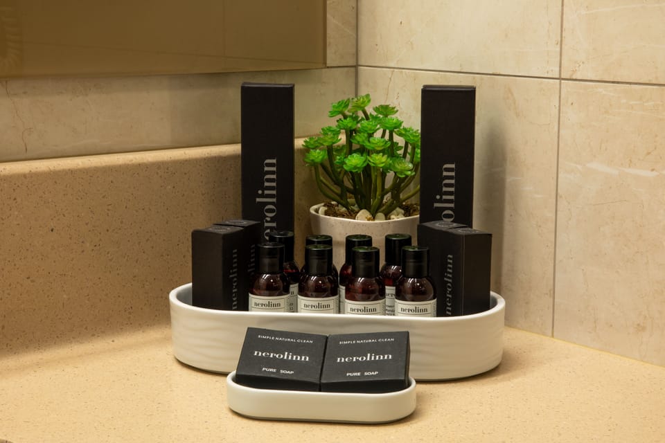 Shower, rainfall showerhead, eco-friendly toiletries, hair dryer