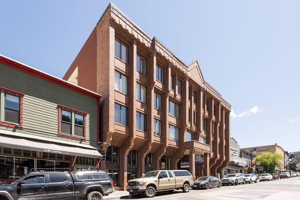 Striking brick building, Galleria, 580 Main Street on a sunny summer day