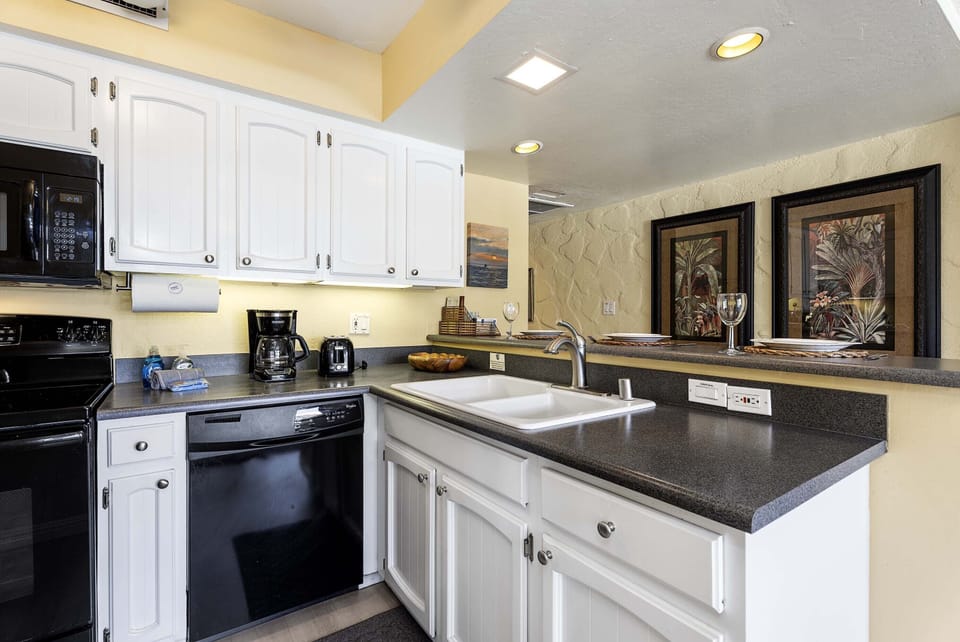 Fully equipped kitchen with dishwasher and sink.