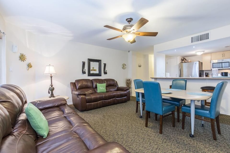 Our dining area is nestled in the living space to make the most of the compact footprint.