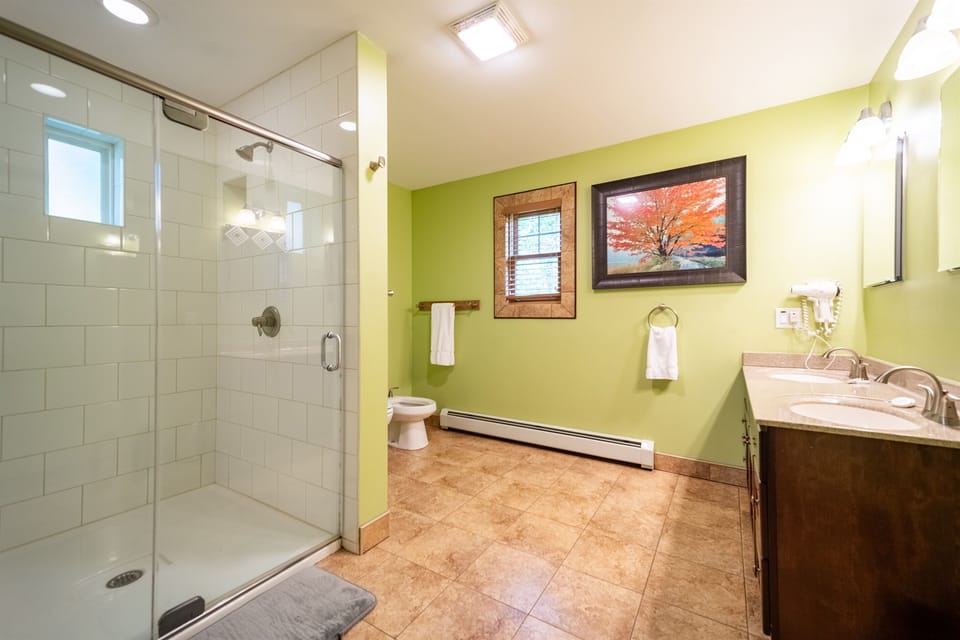 The 2nd-floor master bathroom features a large custom tile shower, dual vanity sink, and hairdryer.
