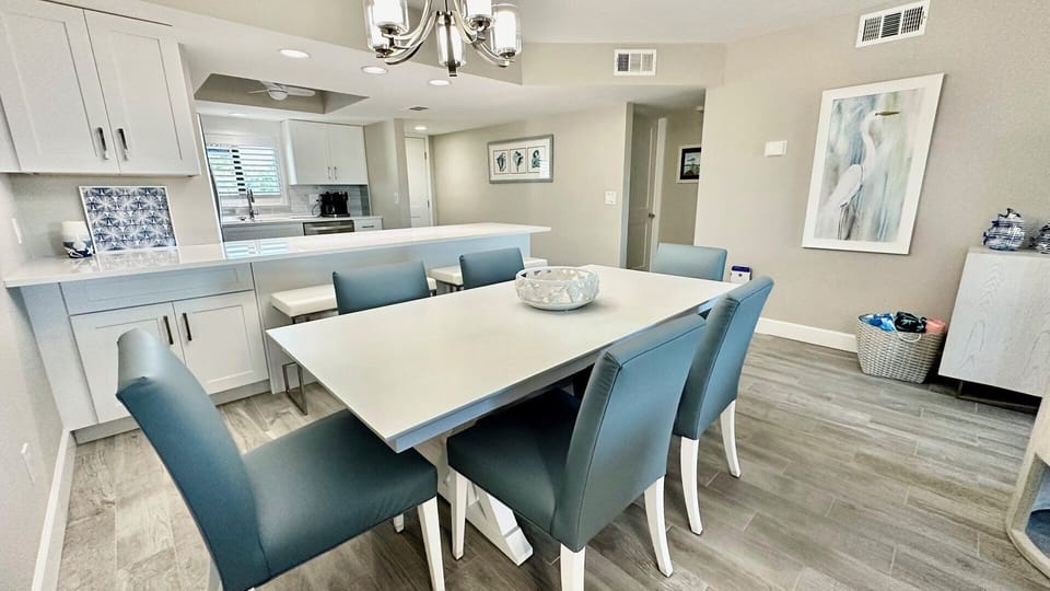 The dining table seats 6. Don't dine in? Set up a puzzle!