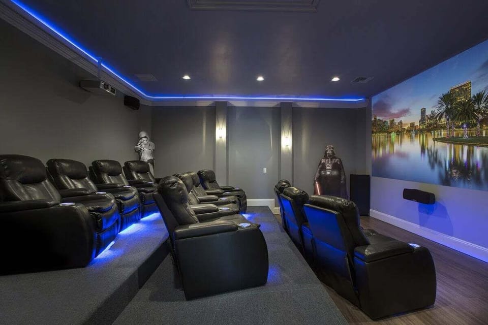 Movie room with recliner leather seats