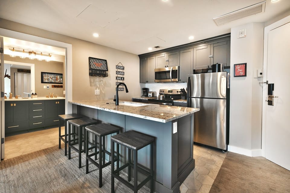 Indoors, Kitchen, Refrigerator, Kitchen Island, Microwave