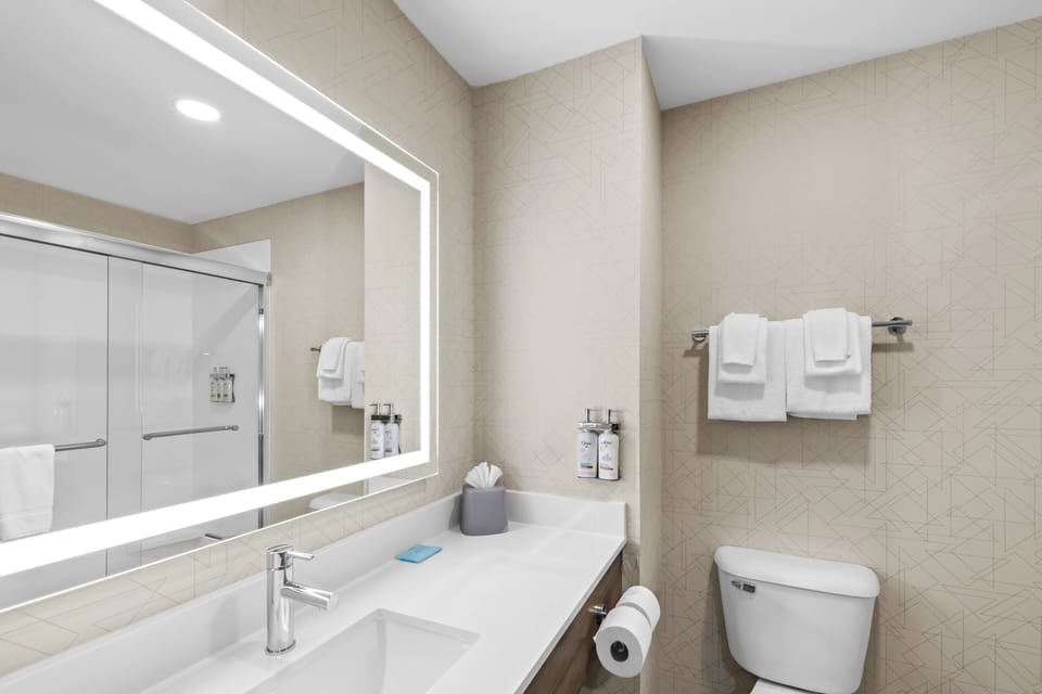Combined shower/tub, free toiletries, hair dryer, towels