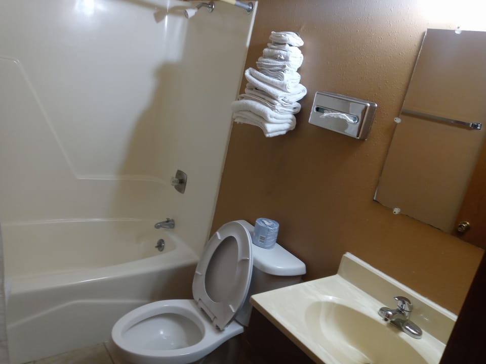 Combined shower/tub, free toiletries, towels