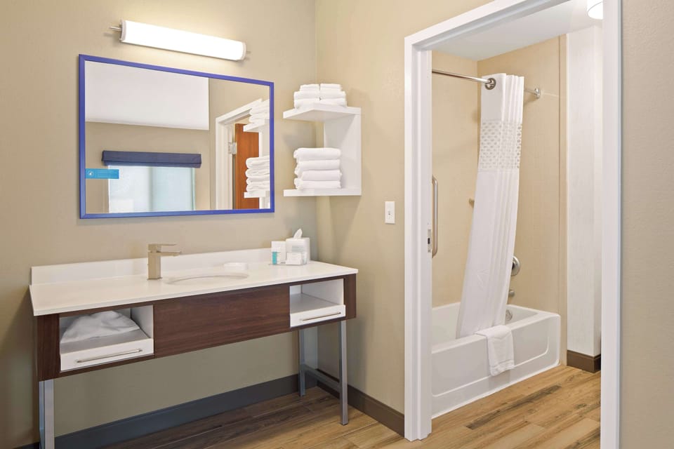 One king studio sofabed | Bathroom | Combined shower/tub, hydromassage showerhead, hair dryer, towels