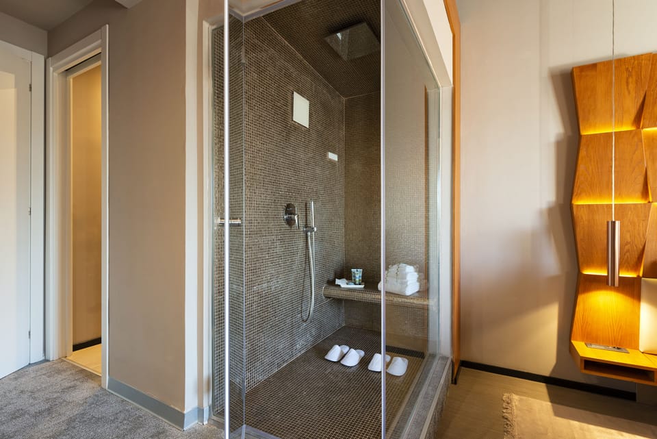 Deluxe Room | Bathroom | Designer toiletries, hair dryer, slippers, towels