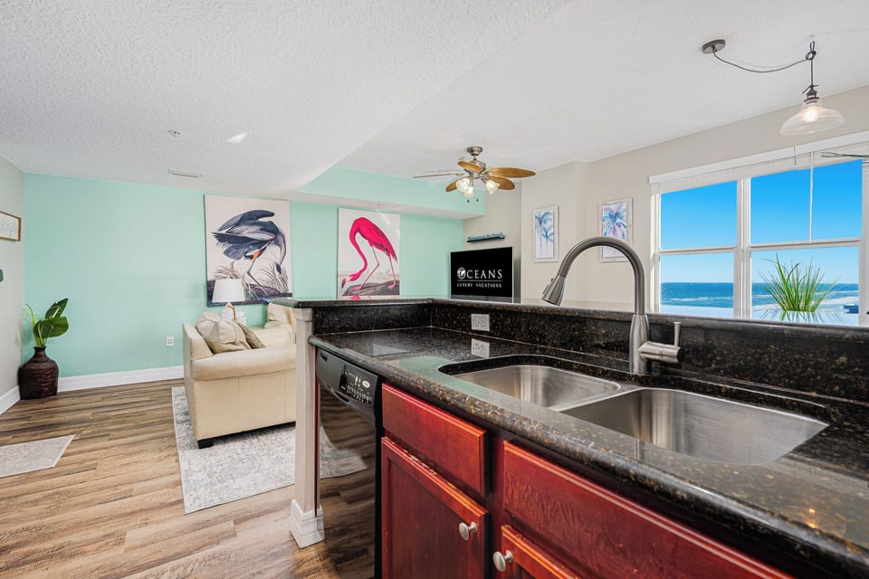 Kitchen overlooks the ocean