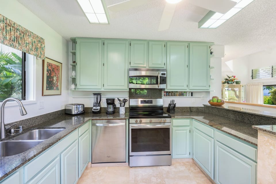 Nicely furnished kitchen-dishwasher-microwave-toaster-blender-coffee maker 
new refrigerator with ice maker-new oven/stove
