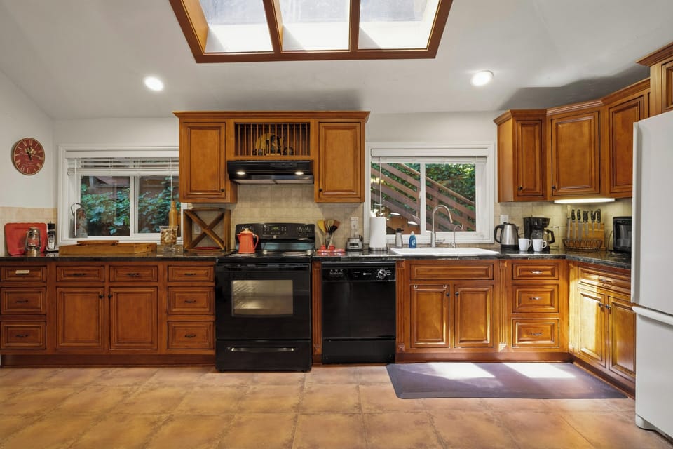 Skylights let in extra sunlight during the day and the moon at night.
