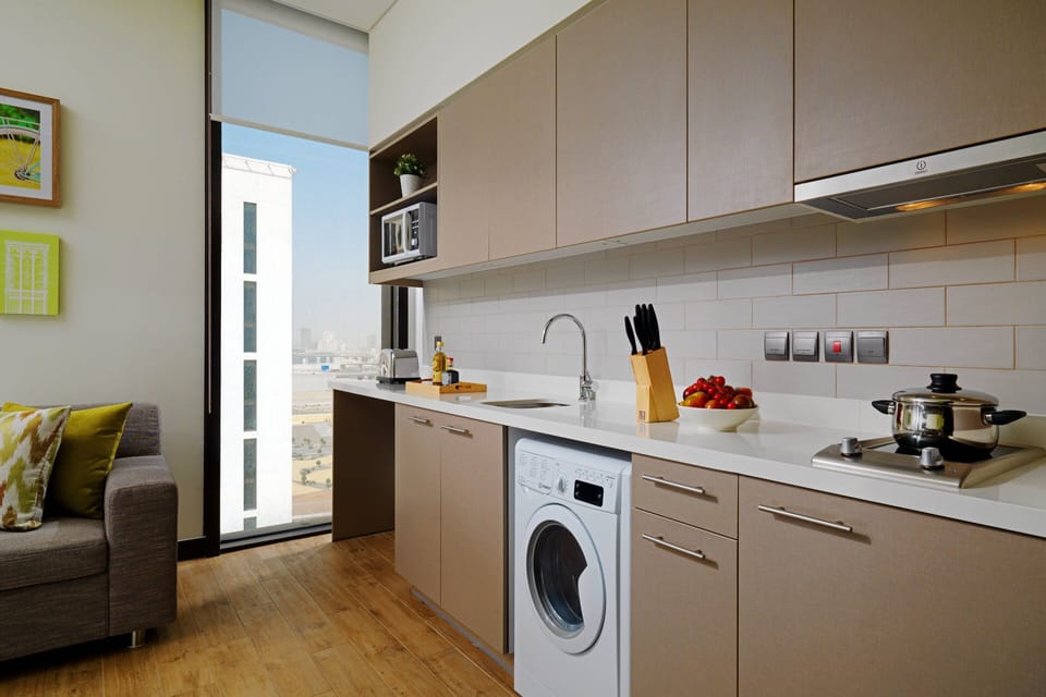 Fridge, microwave, stovetop, electric kettle