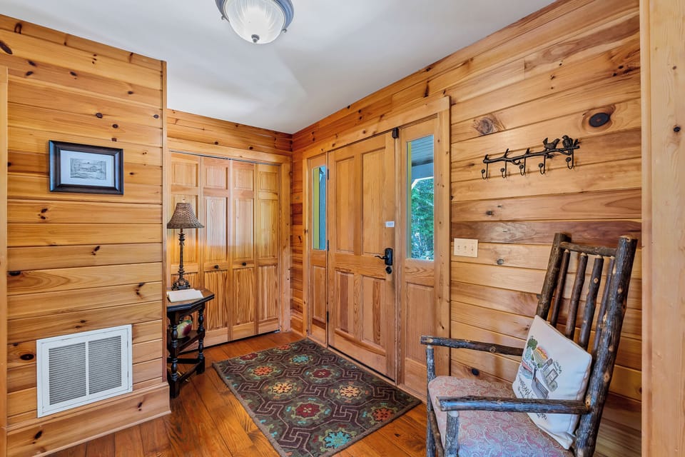 Front entry in to the cabin with a place to hang your hat or coat.