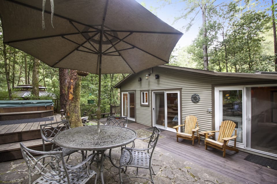Dine outside or in - filtered light through the trees.