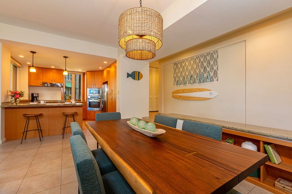 Dining for six and breakfast bar seat two.