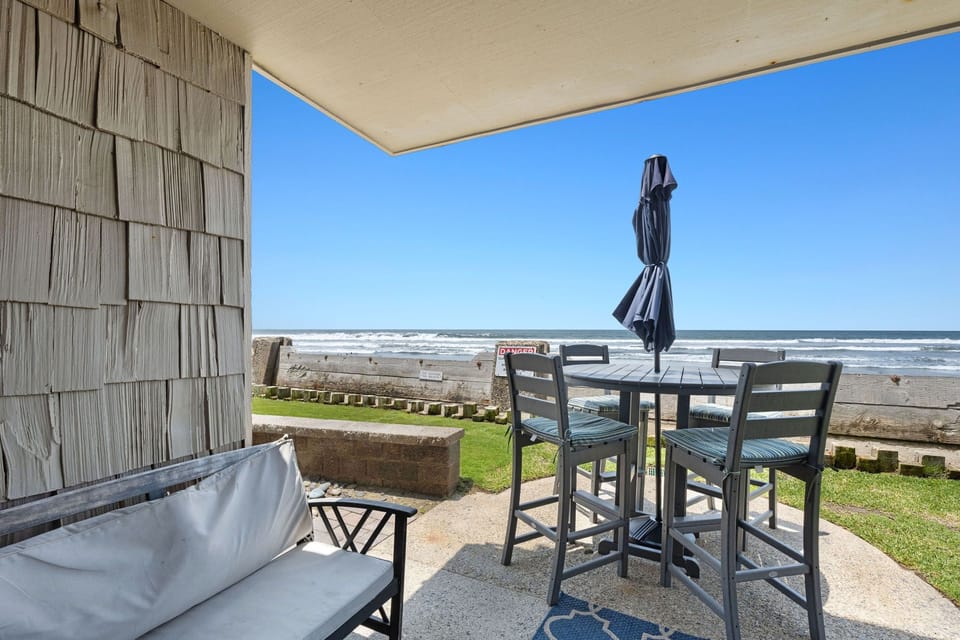 Shaded patio seating stunning ocean views