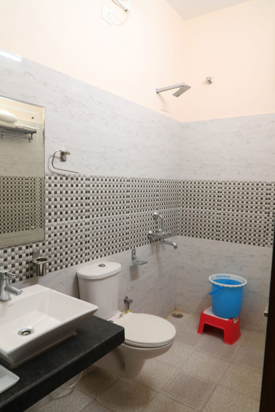 Shower, rainfall showerhead, free toiletries, children's robes