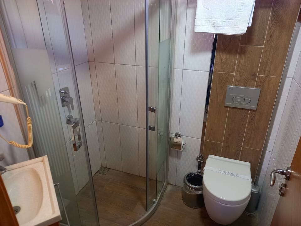Shower, free toiletries, hair dryer, towels