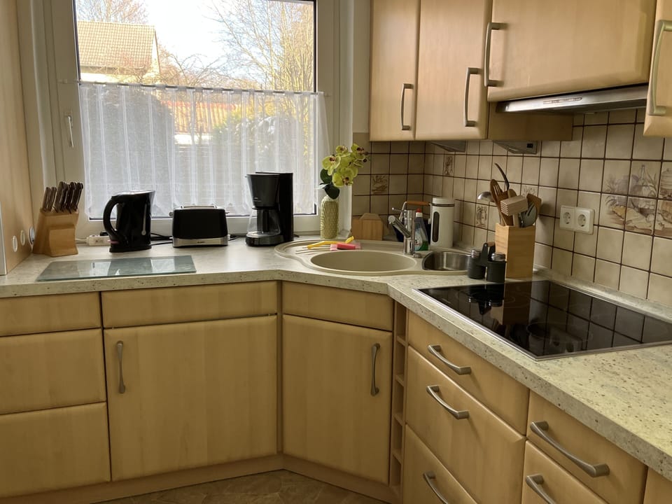 Apartment ( ES ) | Private kitchen | Full-size fridge, microwave, oven, stovetop