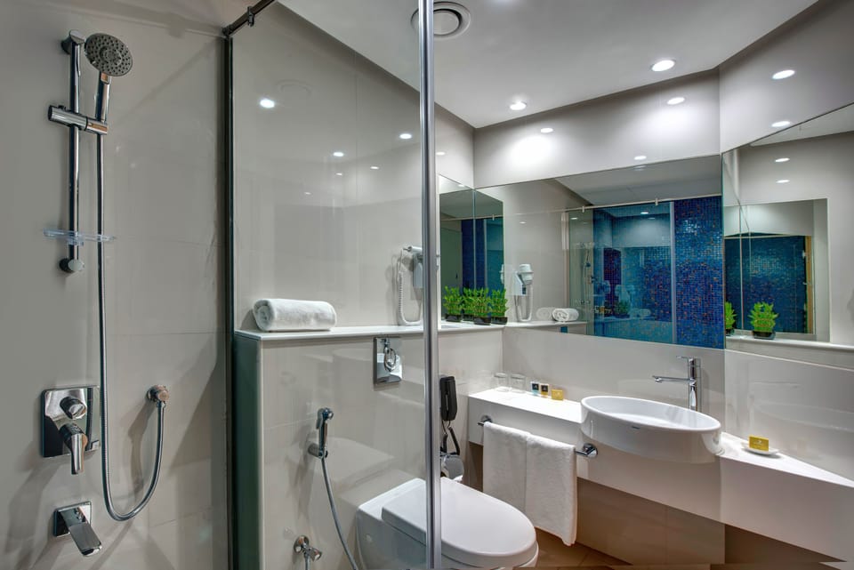 Shower, free toiletries, hair dryer, slippers