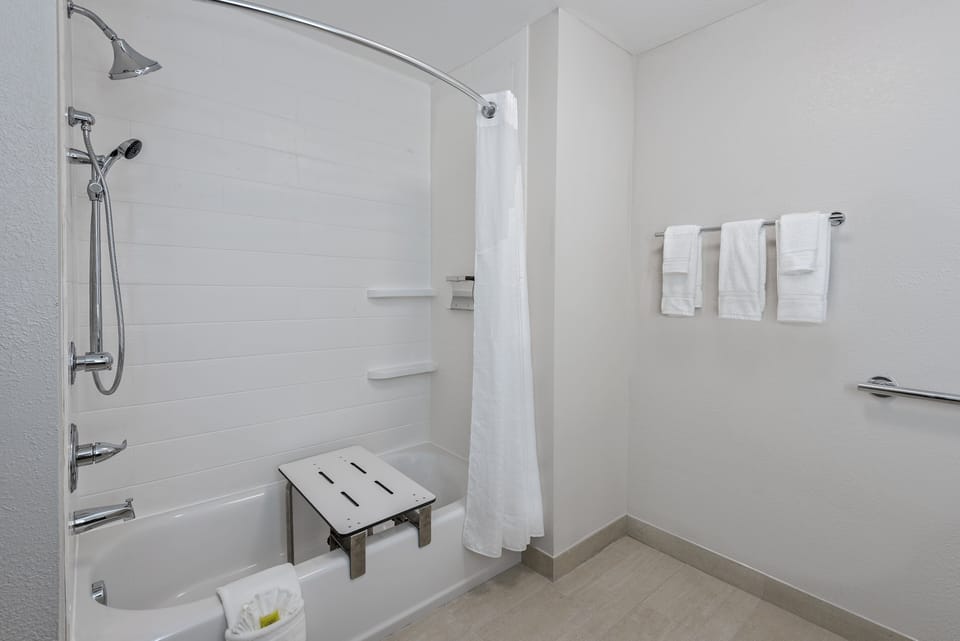 Combined shower/tub, free toiletries, hair dryer, towels