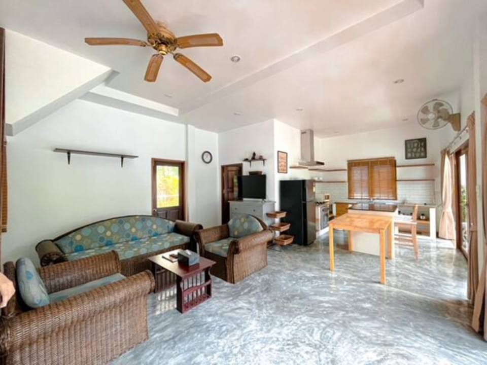 Villa, 2 Bedrooms, Poolside | Living area | 45-inch LED TV with cable channels, TV, DVD player