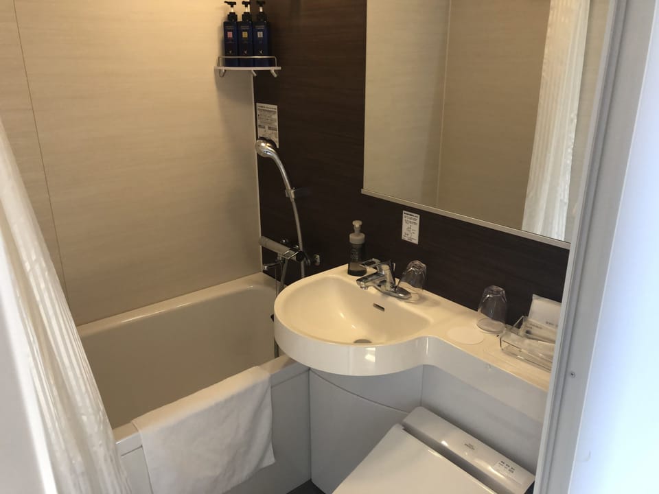 Combined shower/tub, deep soaking tub, free toiletries, hair dryer