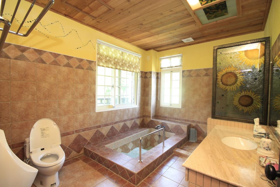 Separate tub and shower, deep soaking tub, free toiletries, hair dryer